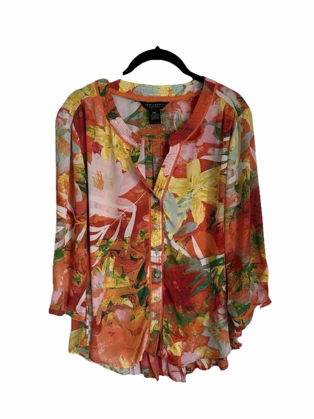 Investments Womens Petite XL Pleated Crochet Orange Floral Top Resortwear Office